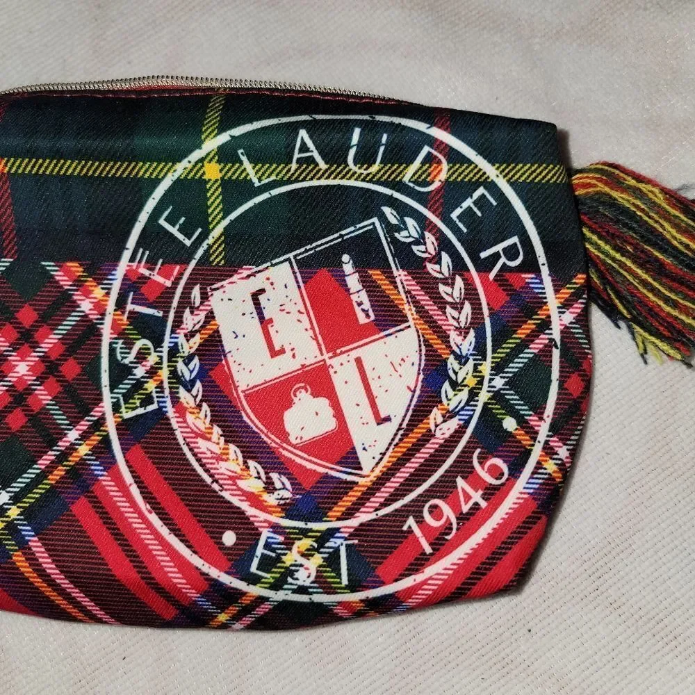 Estee Lauder Plaid Tartan Cosmetic Zipper Make Up Bag with Tassle & Big Logo
